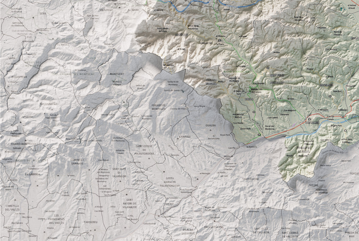 Mapa de relleu de la Selva, amb el territori en color i l’entorn en blanc. Detall de la part inferior esquerra. 61 × 91 cm. Estil Cartogràfic.
