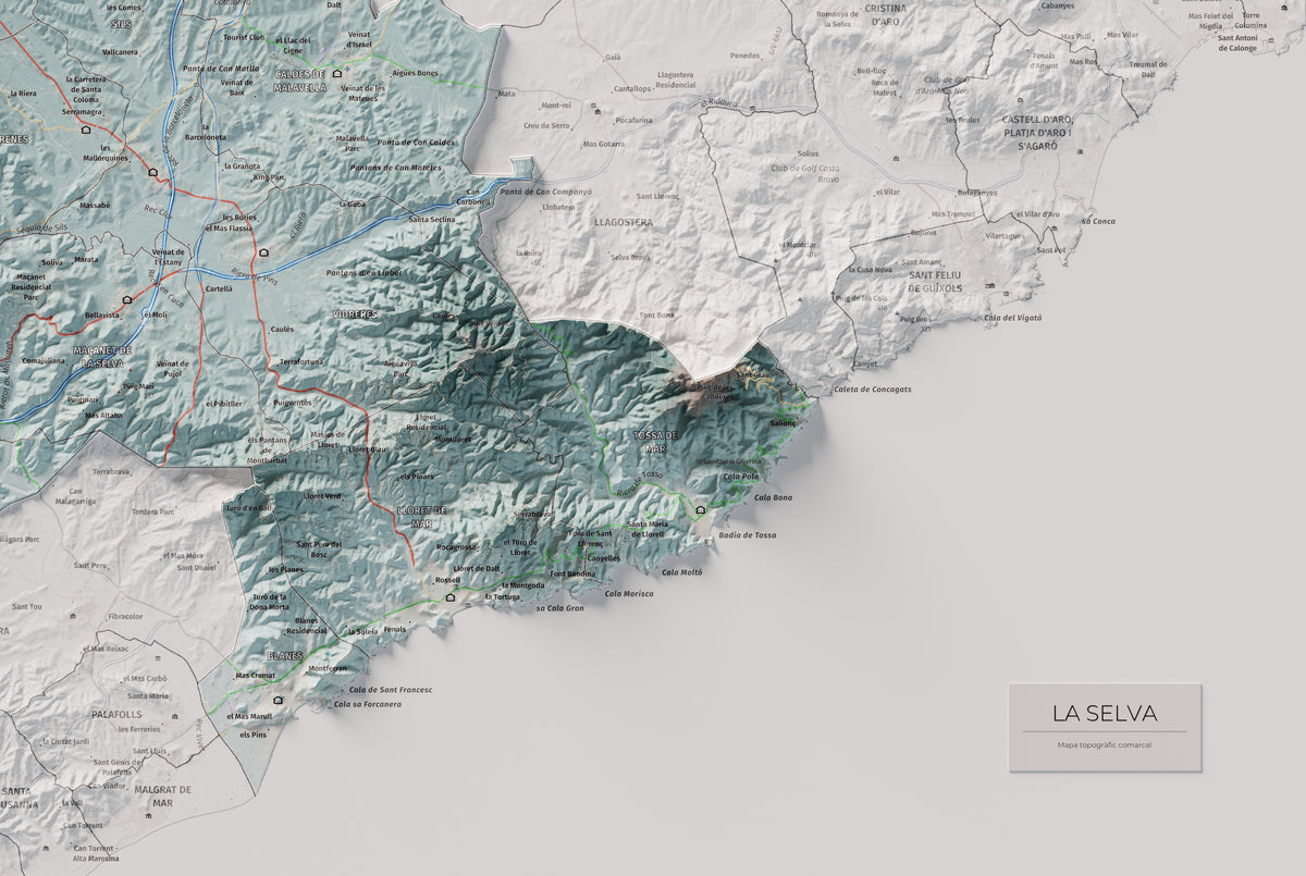 Mapa de relleu de la Selva, amb el territori en color i l’entorn en blanc. Detall de la part inferior dreta. 61 × 91 cm. Estil Blau i taronja.
