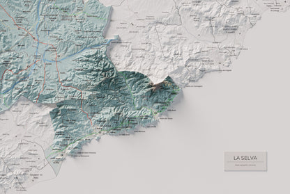 Mapa de relleu de la Selva, amb el territori en color i l’entorn en blanc. Detall de la part inferior dreta. 61 × 91 cm. Estil Blau i taronja.