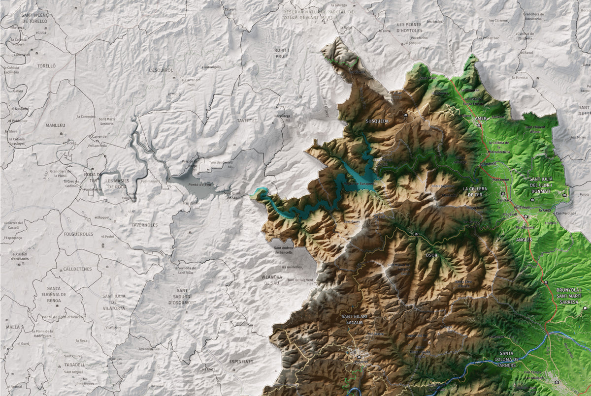 Mapa de relleu de la Selva, amb el territori en color i l’entorn en blanc. Detall de la part superior esquerra. 61 × 91 cm. Estil Clàssic.