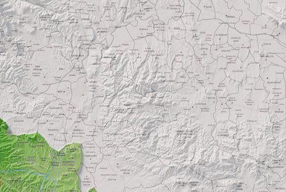 Mapa de relleu de la Selva, amb el territori en color i l’entorn en blanc. Detall de la part superior dreta. 61 × 91 cm. Estil Clàssic.