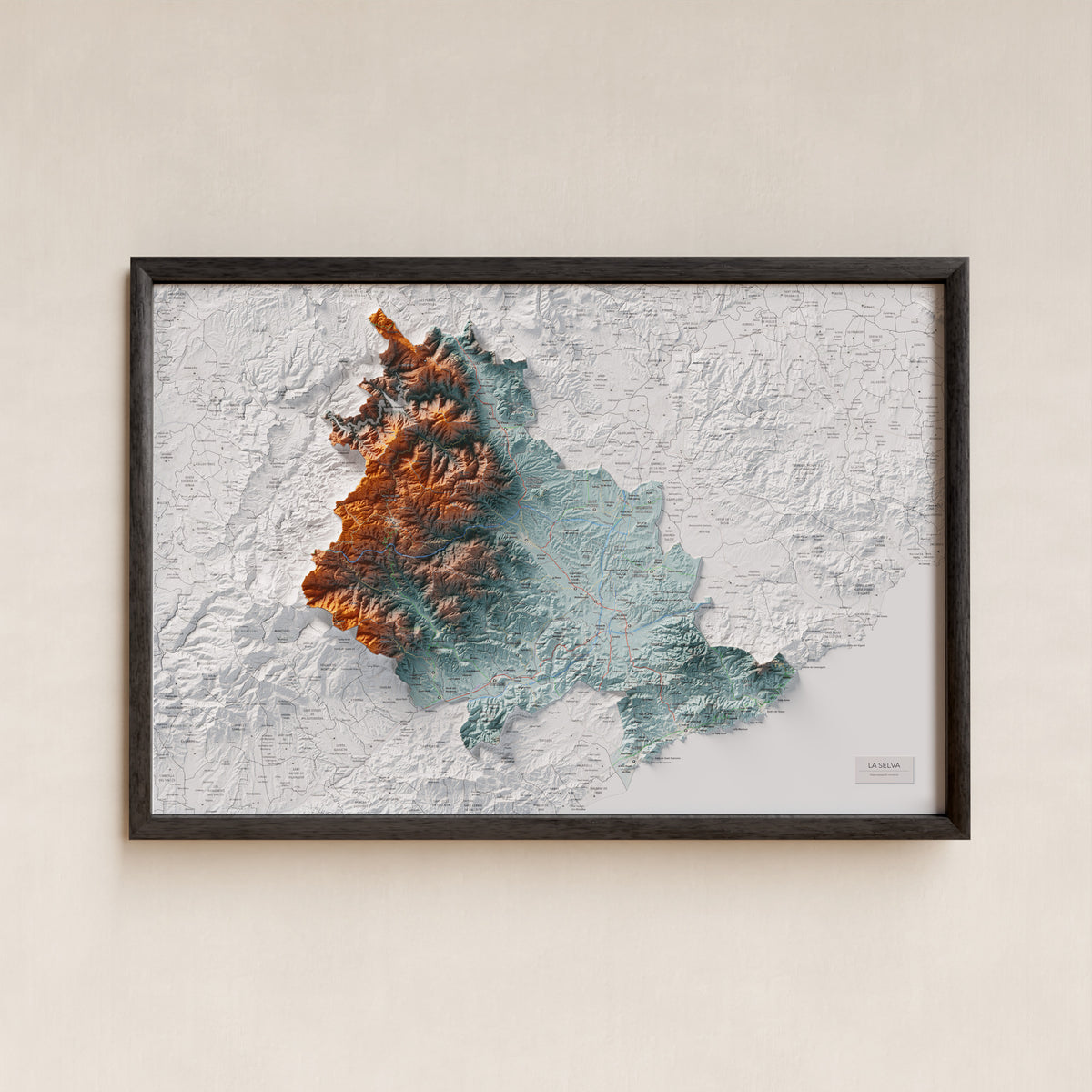 Mapa de relleu de la Selva, amb el territori en color i l’entorn en blanc. Presentació amb marc. 61 × 91 cm. Estil Blau i taronja.