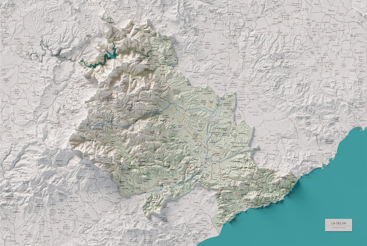 Mapa de relleu de la Selva, amb el territori en color i l’entorn en blanc. Vista completa de la làmina. 61 × 91 cm. Estil Cartogràfic.