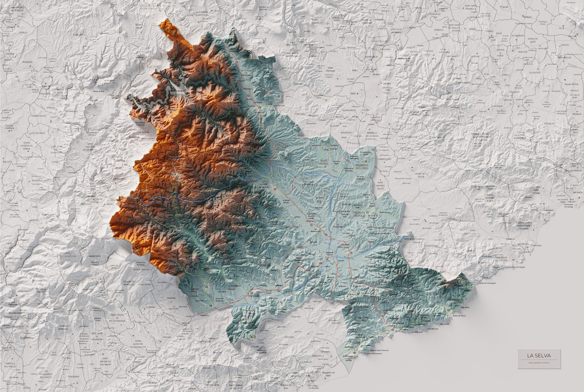 Mapa de relleu de la Selva, amb el territori en color i l’entorn en blanc. Vista completa de la làmina. 61 × 91 cm. Estil Blau i taronja.