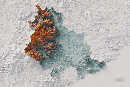 Mapa de relleu de la Selva, amb el territori en color i l’entorn en blanc. Vista completa de la làmina. 61 × 91 cm. Estil Blau i taronja.