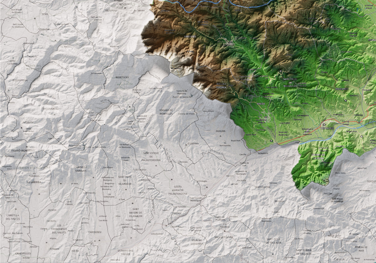 Mapa de relleu de la Selva, amb el territori en color i l’entorn en blanc. Detall de la part inferior esquerra. 70 × 100 cm. Estil Clàssic.
