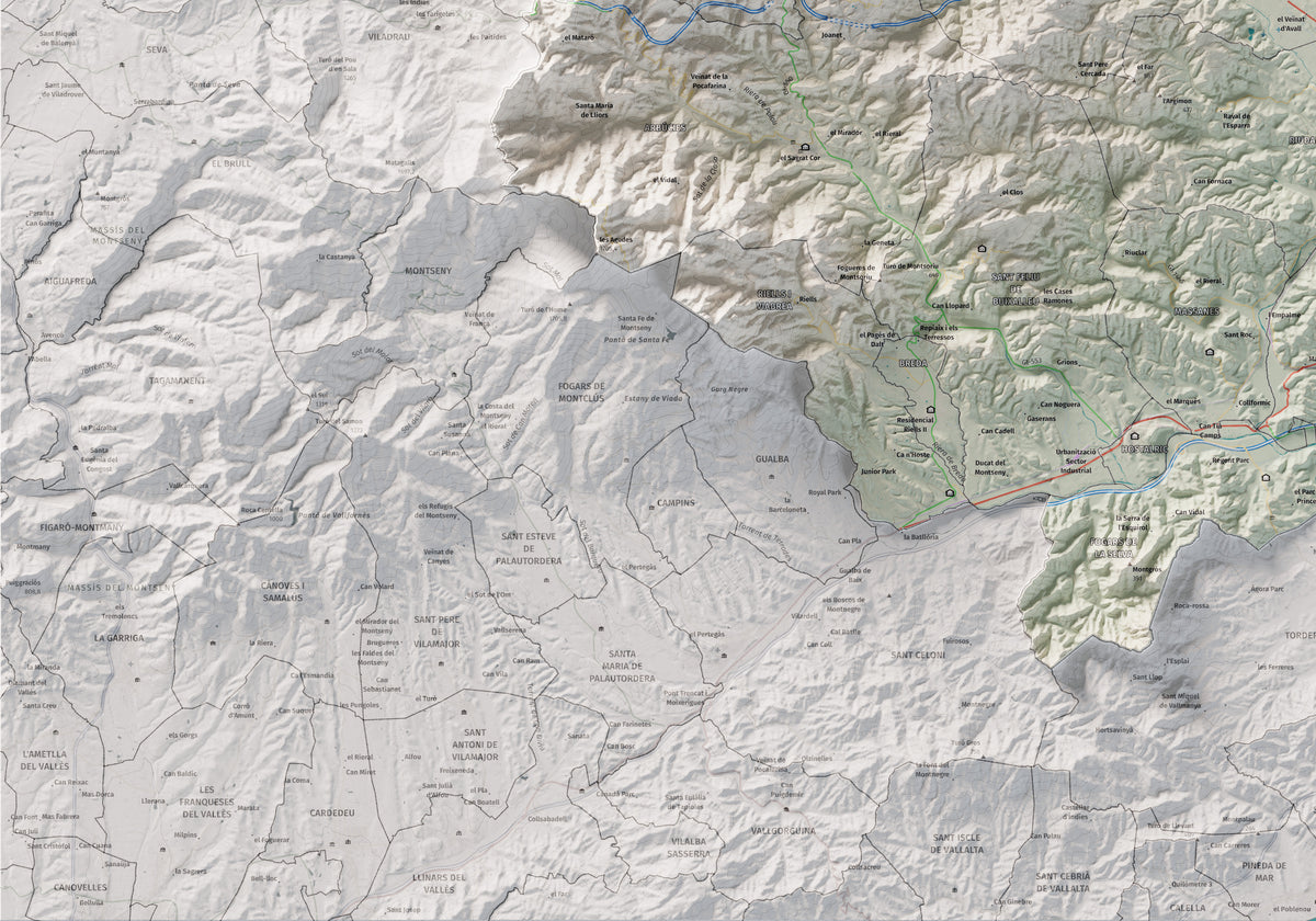 Mapa de relleu de la Selva, amb el territori en color i l’entorn en blanc. Detall de la part inferior esquerra. 70 × 100 cm. Estil Cartogràfic.