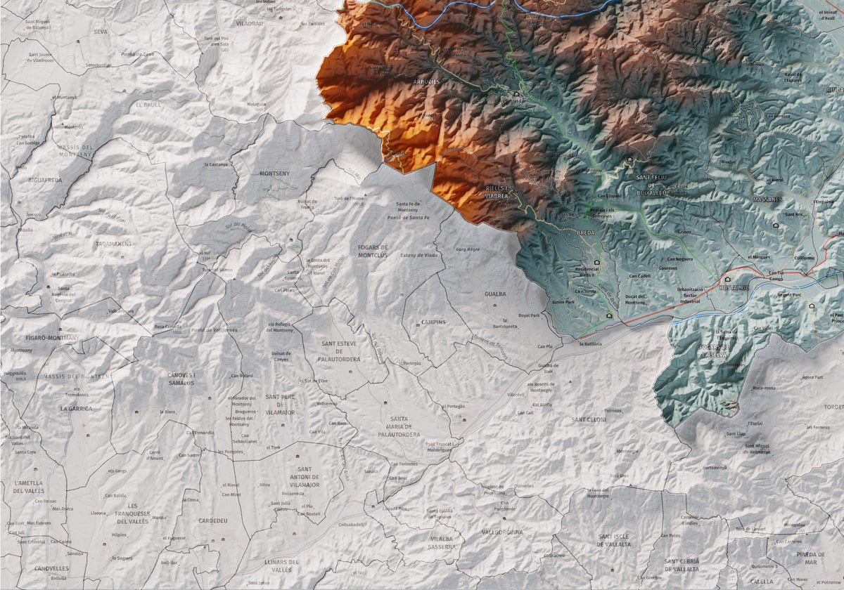 Mapa de relleu de la Selva, amb el territori en color i l’entorn en blanc. Detall de la part inferior esquerra. 70 × 100 cm. Estil Blau i taronja.