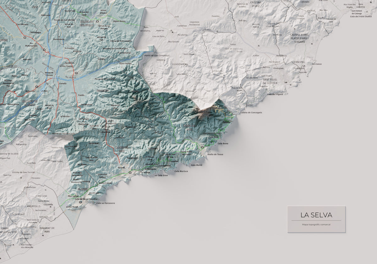 Mapa de relleu de la Selva, amb el territori en color i l’entorn en blanc. Detall de la part inferior dreta. 70 × 100 cm. Estil Blau i taronja.