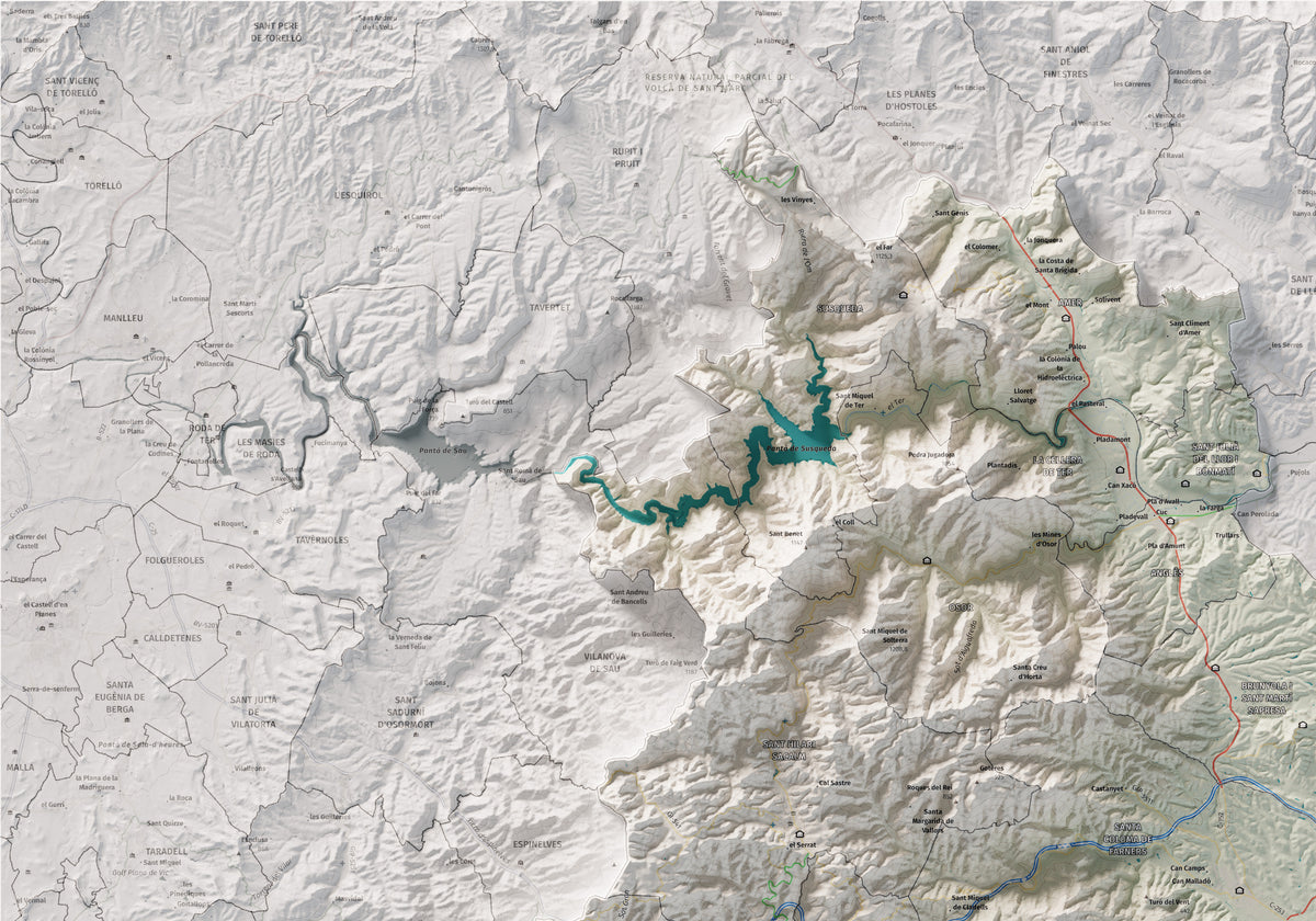 Mapa de relleu de la Selva, amb el territori en color i l’entorn en blanc. Detall de la part superior esquerra. 70 × 100 cm. Estil Cartogràfic.