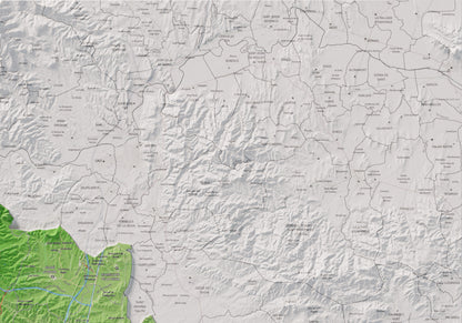 Mapa de relleu de la Selva, amb el territori en color i l’entorn en blanc. Detall de la part superior dreta. 70 × 100 cm. Estil Clàssic.