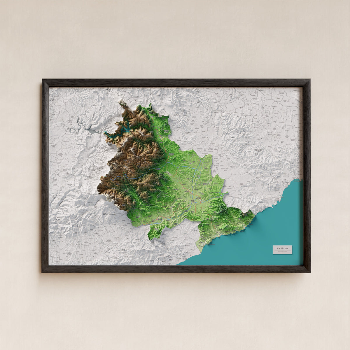 Mapa de relleu de la Selva, amb el territori en color i l’entorn en blanc. Presentació amb marc. 70 × 100 cm. Estil Clàssic.