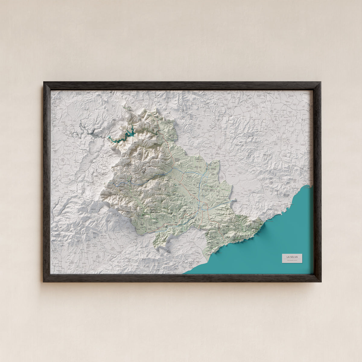 Mapa de relleu de la Selva, amb el territori en color i l’entorn en blanc. Presentació amb marc. 70 × 100 cm. Estil Cartogràfic.
