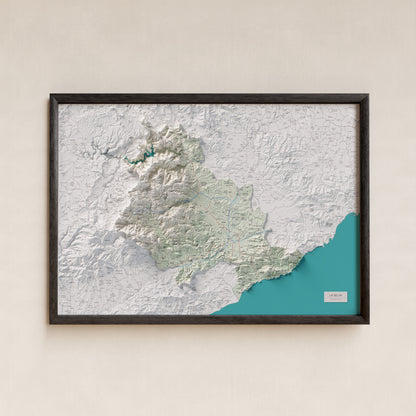 Mapa de relleu de la Selva, amb el territori en color i l’entorn en blanc. Presentació amb marc. 70 × 100 cm. Estil Cartogràfic.