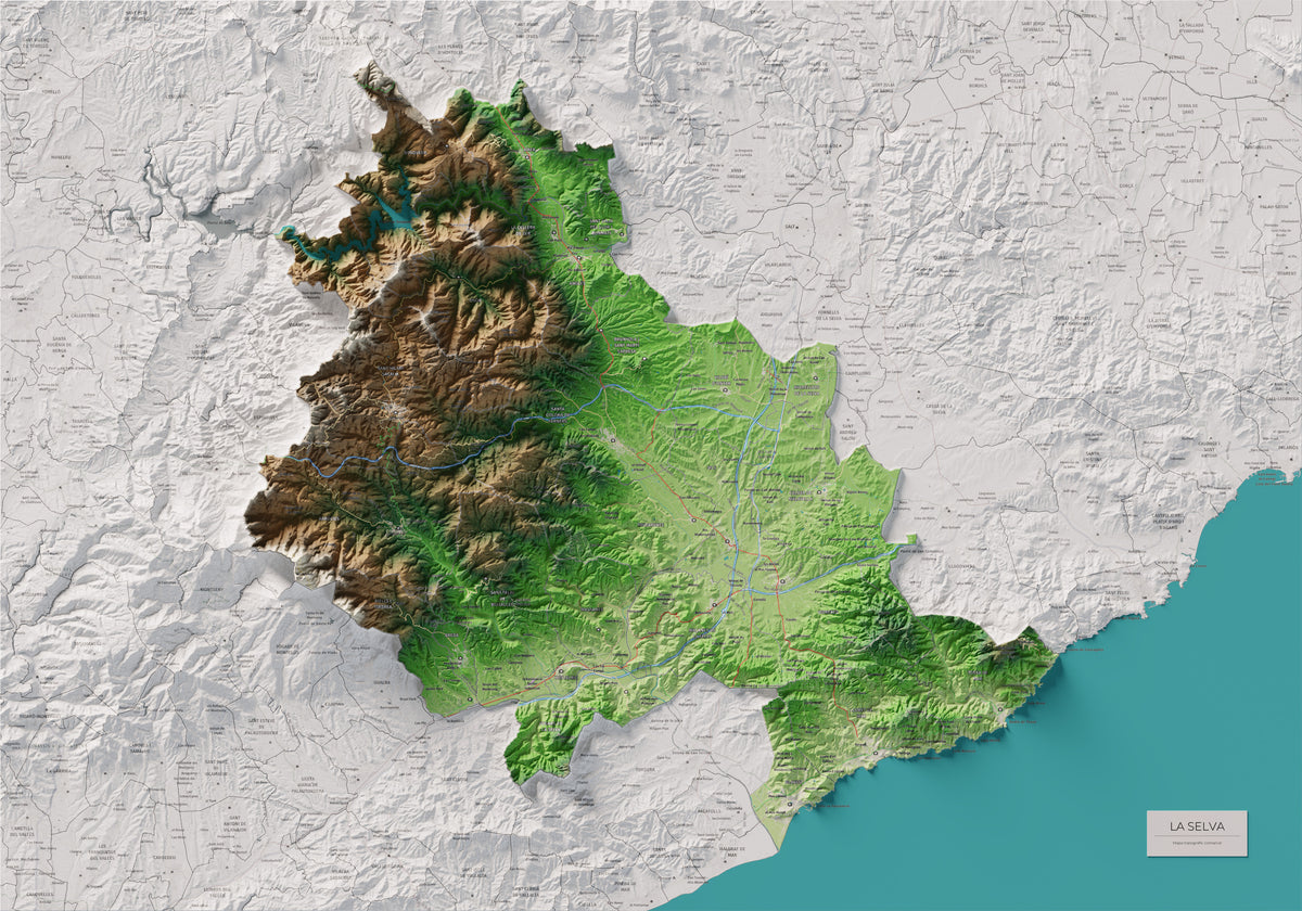 Mapa de relleu de la Selva, amb el territori en color i l’entorn en blanc. Vista completa de la làmina. 70 × 100 cm. Estil Clàssic.