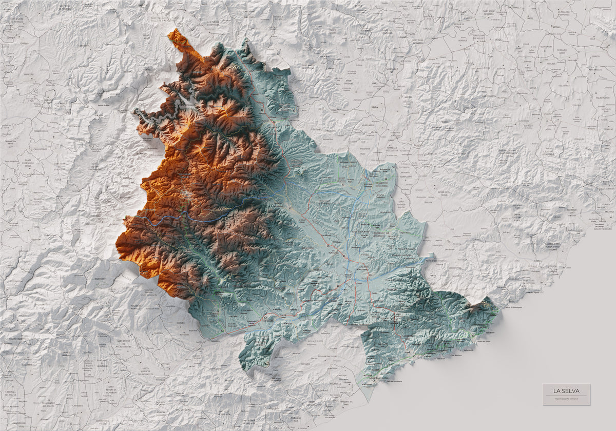 Mapa de relleu de la Selva, amb el territori en color i l’entorn en blanc. Vista completa de la làmina. 70 × 100 cm. Estil Blau i taronja.
