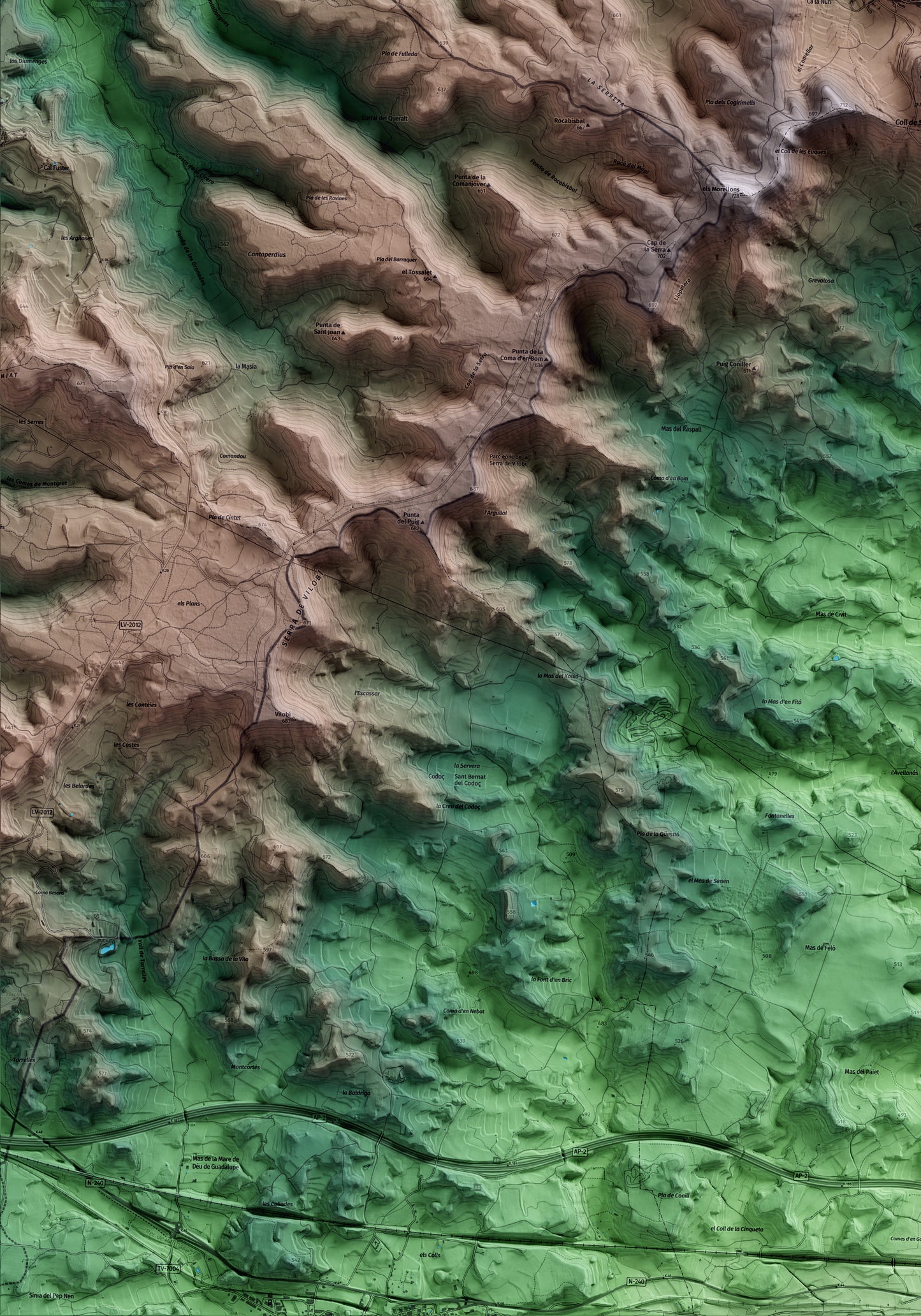Mapa artístico del relieve de Senan, a la Conca de Barberà, con 15 km de entorno y base topográfica ICGC. Detalle de la zona inferior izquierda.