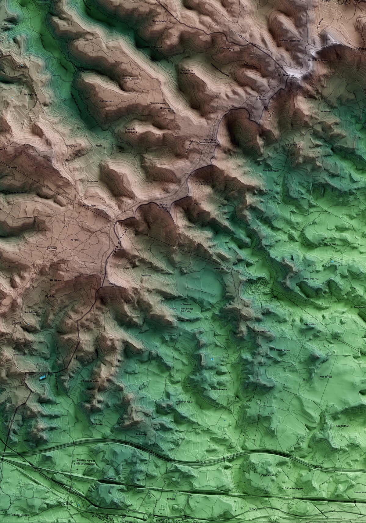 Mapa artístico del relieve de Senan, a la Conca de Barberà, con 15 km de entorno y base topográfica ICGC. Detalle de la zona inferior izquierda.