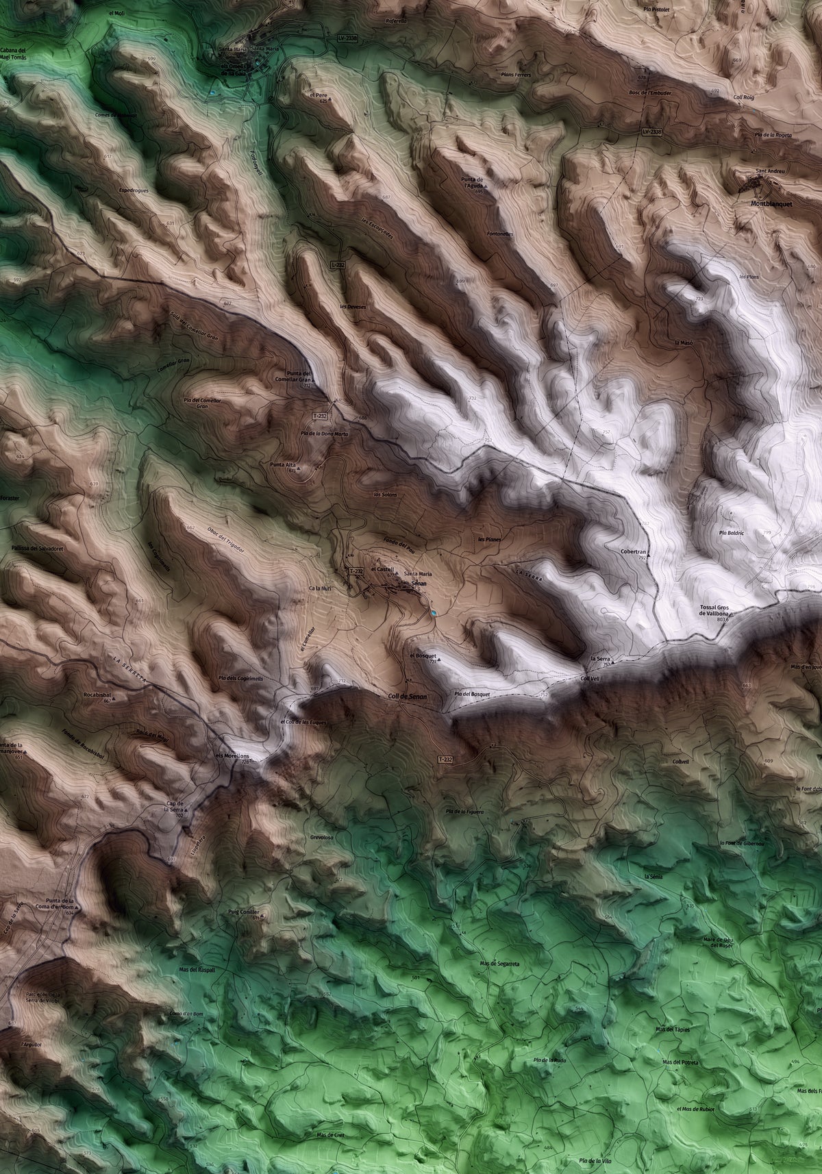Mapa artístico del relieve de Senan, a la Conca de Barberà, con 15 km de entorno y base topográfica ICGC. Detalle de la zona central.