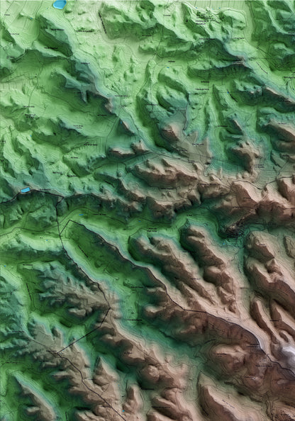 Mapa artístico del relieve de Senan, a la Conca de Barberà, con 15 km de entorno y base topográfica ICGC. Detalle de la zona superior izquierda.