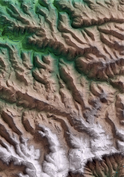 Mapa artístico del relieve de Senan, a la Conca de Barberà, con 15 km de entorno y base topográfica ICGC. Detalle de la zona superior derecha.