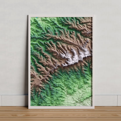 Mapa artístico del relieve de Senan, a la Conca de Barberà, con 15 km de entorno y base topográfica ICGC. Presentación enmarcada.