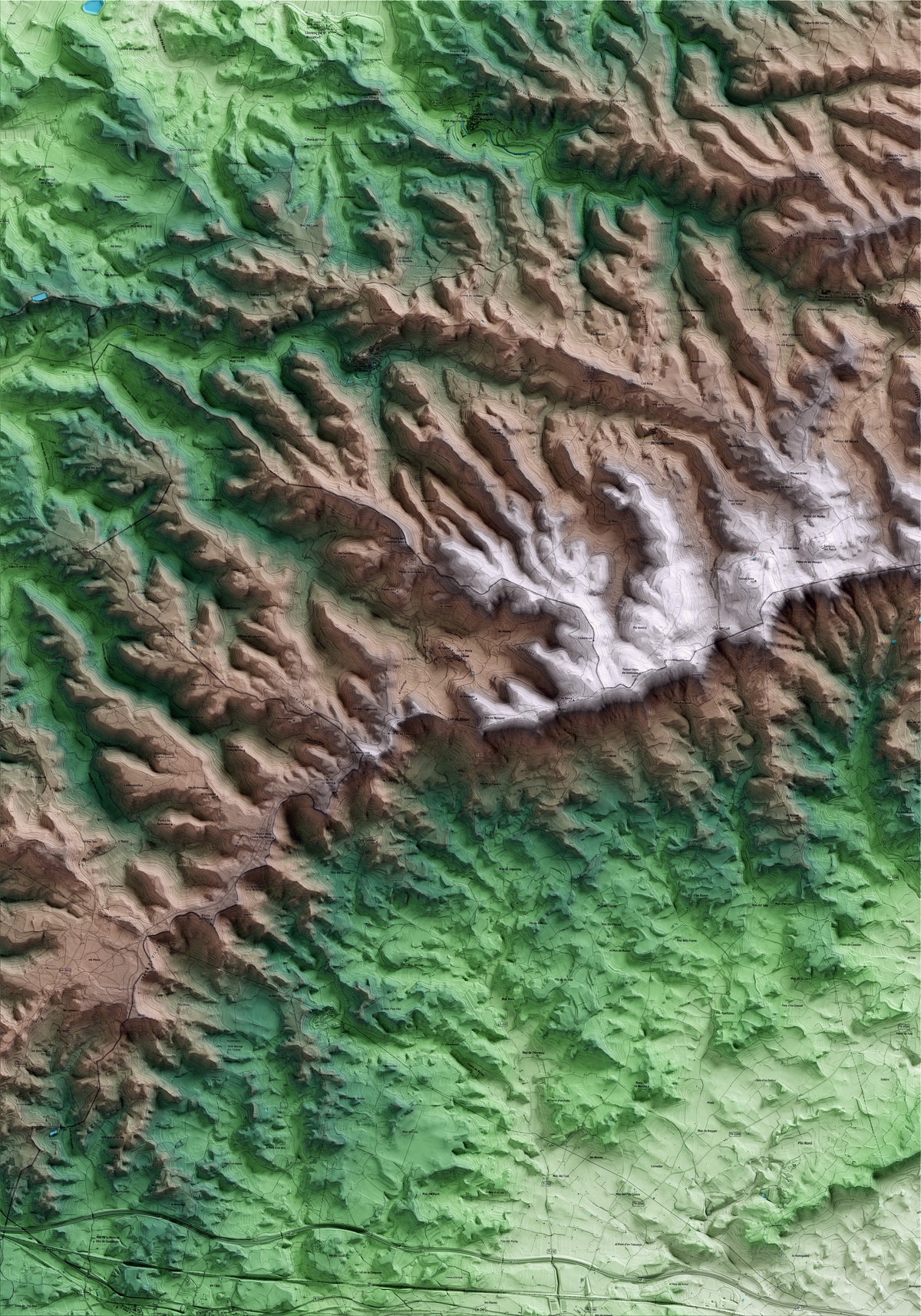 Mapa artístico del relieve de Senan, a la Conca de Barberà, con 15 km de entorno y base topográfica ICGC