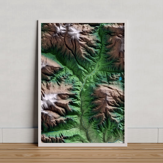 Mapa artístico del relieve de Senterada, al Pallars Jussà, con 15 km de entorno y base topográfica ICGC. Presentación enmarcada.
