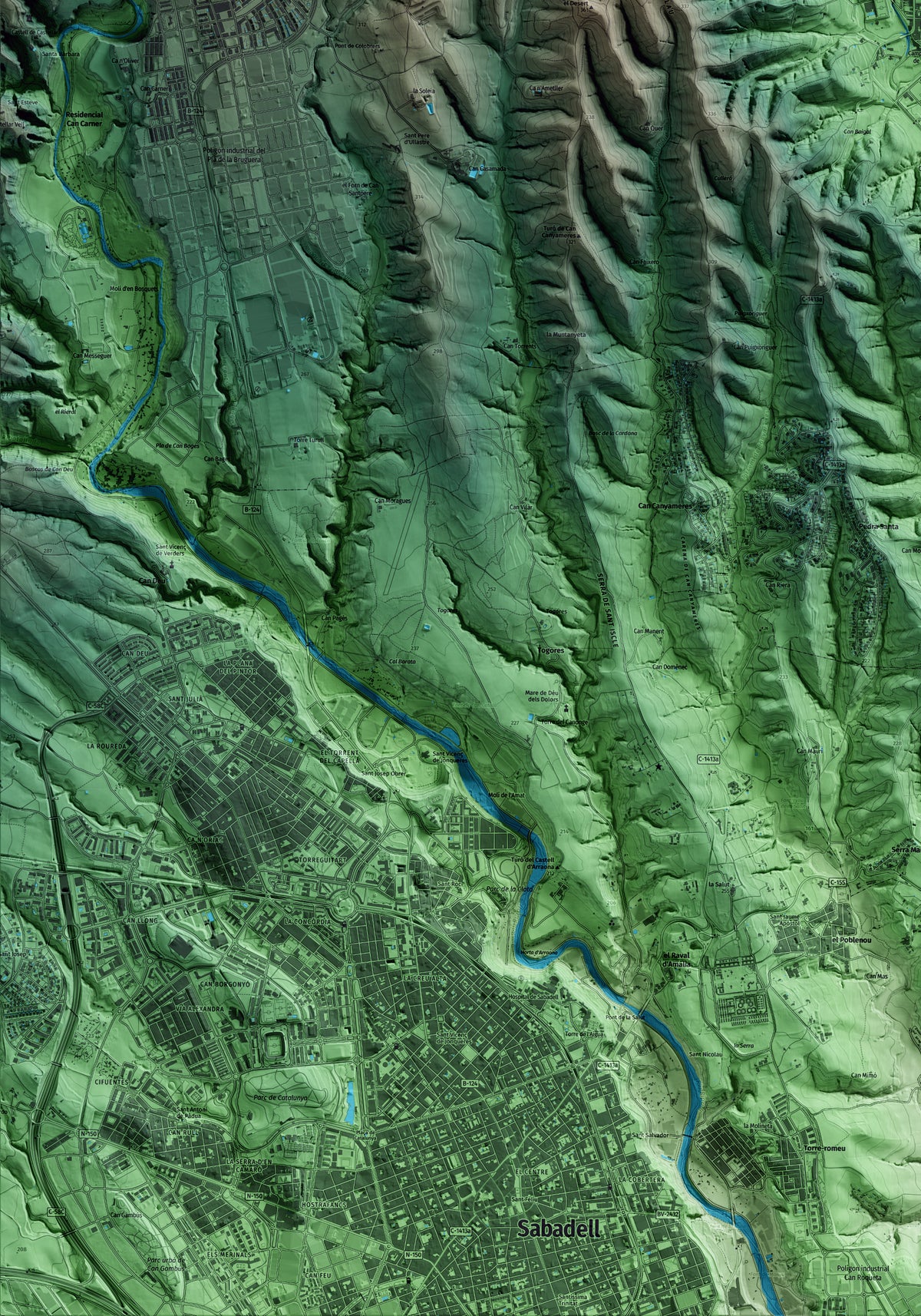 Mapa artístico del relieve de Sentmenat, al Vallès Occidental, con 15 km de entorno y base topográfica ICGC. Detalle de la zona inferior izquierda.