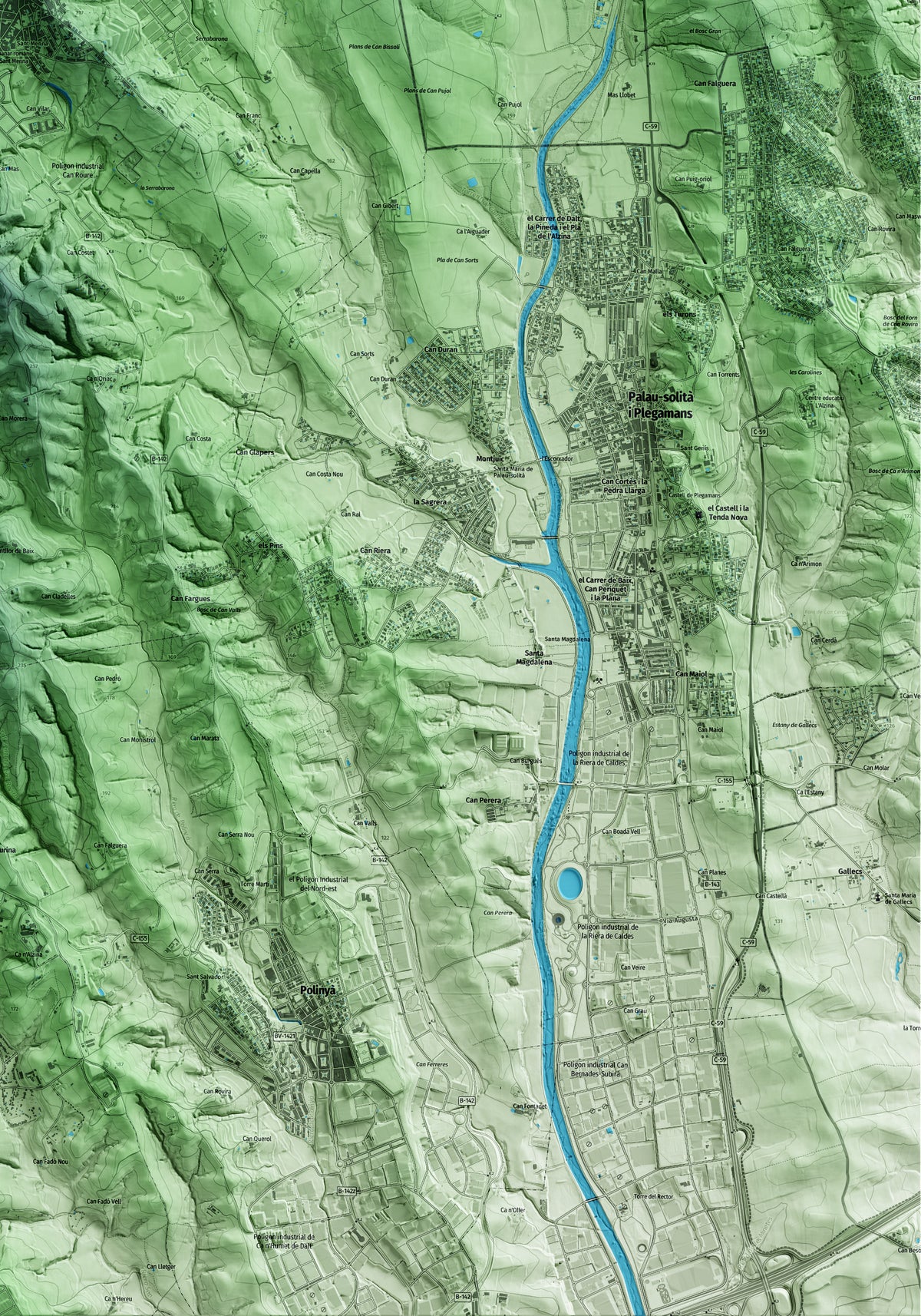 Mapa artístico del relieve de Sentmenat, al Vallès Occidental, con 15 km de entorno y base topográfica ICGC. Detalle de la zona inferior derecha.