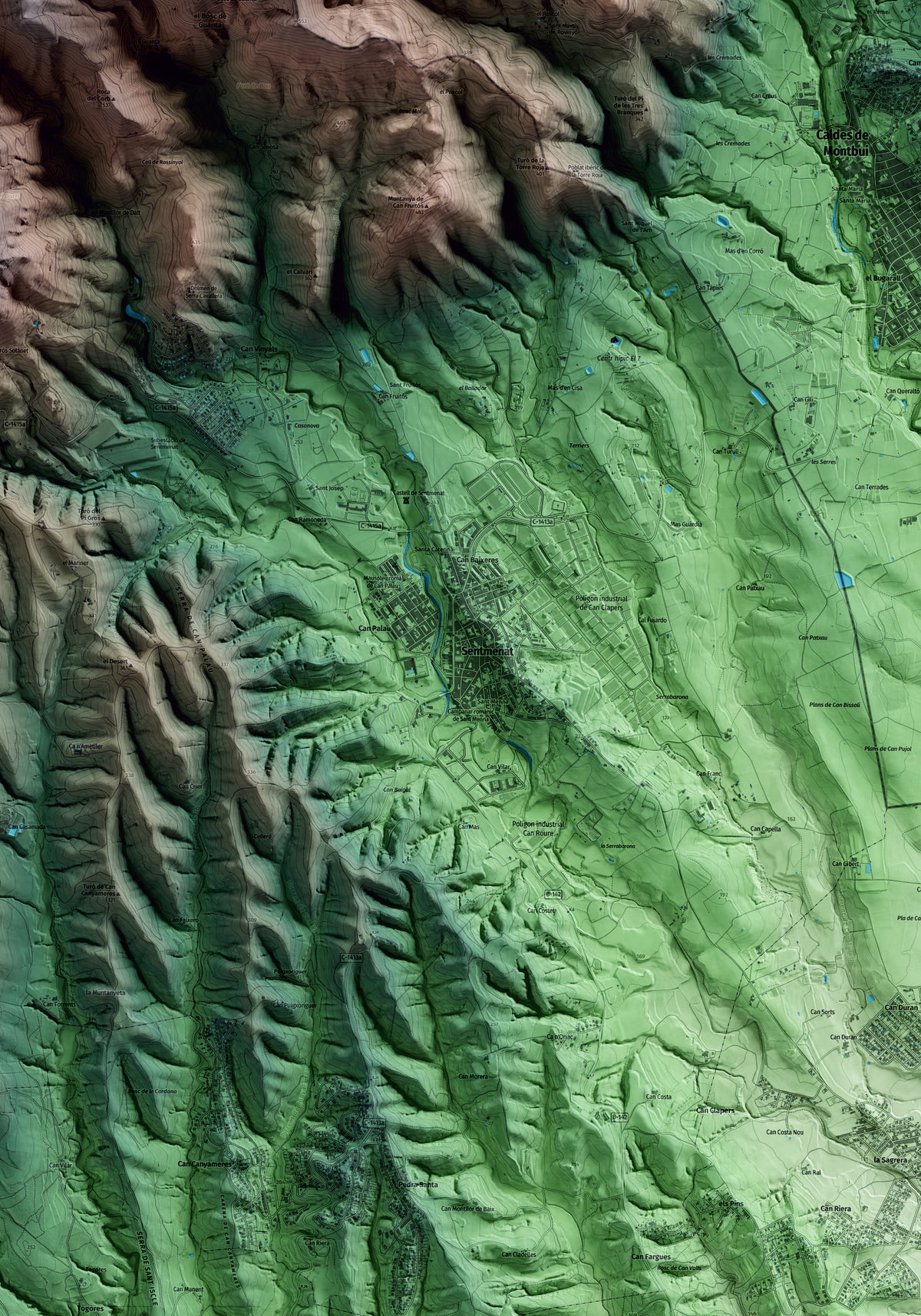 Mapa artístico del relieve de Sentmenat, al Vallès Occidental, con 15 km de entorno y base topográfica ICGC. Detalle de la zona central.