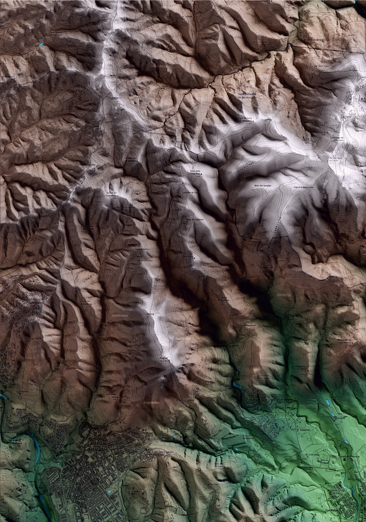 Mapa artístico del relieve de Sentmenat, al Vallès Occidental, con 15 km de entorno y base topográfica ICGC. Detalle de la zona superior izquierda.