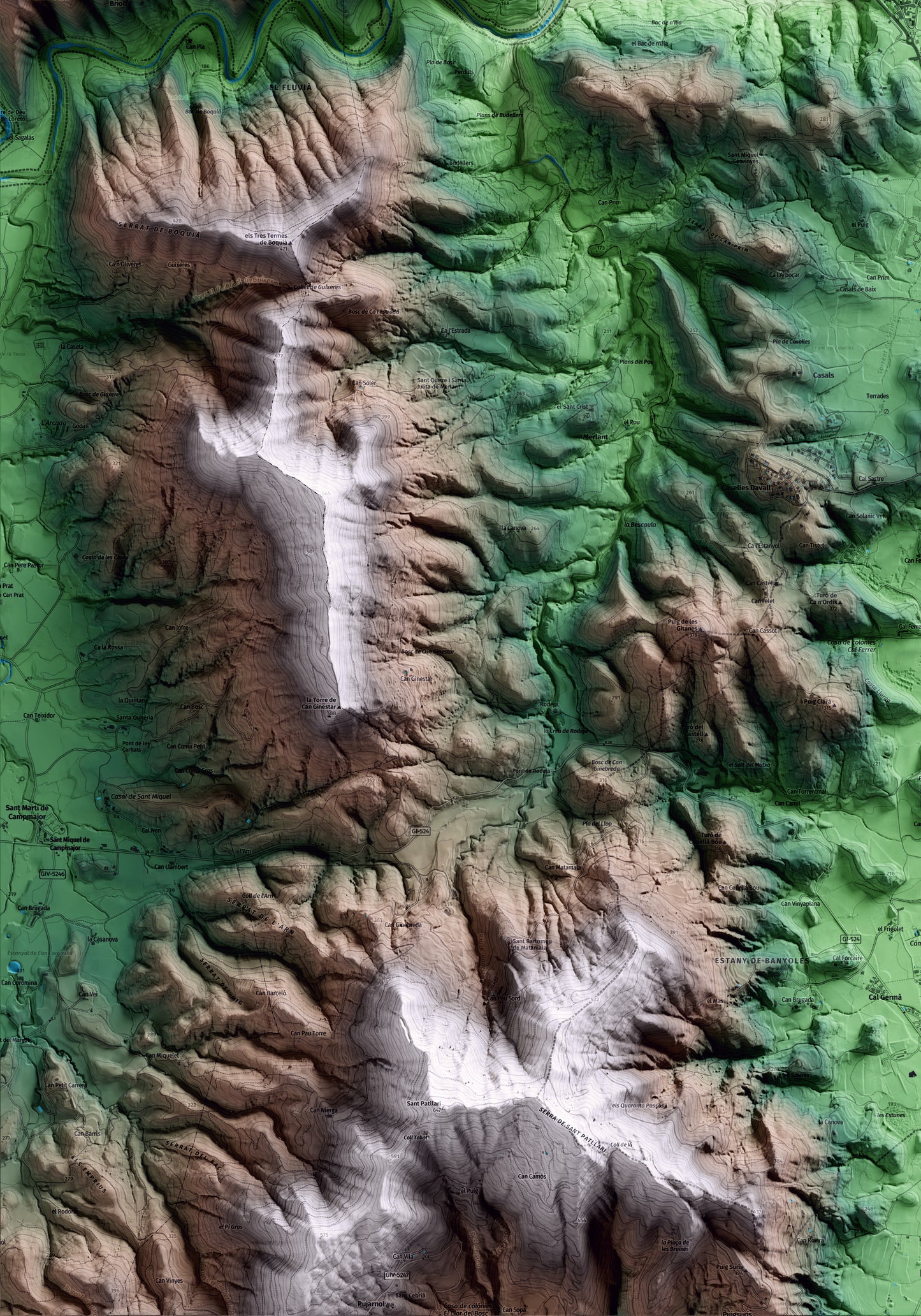 Mapa artístico del relieve de Serinyà, en el Pla de l'Estany, con 15 km de entorno y base topográfica ICGC. Detalle de la zona inferior izquierda.
