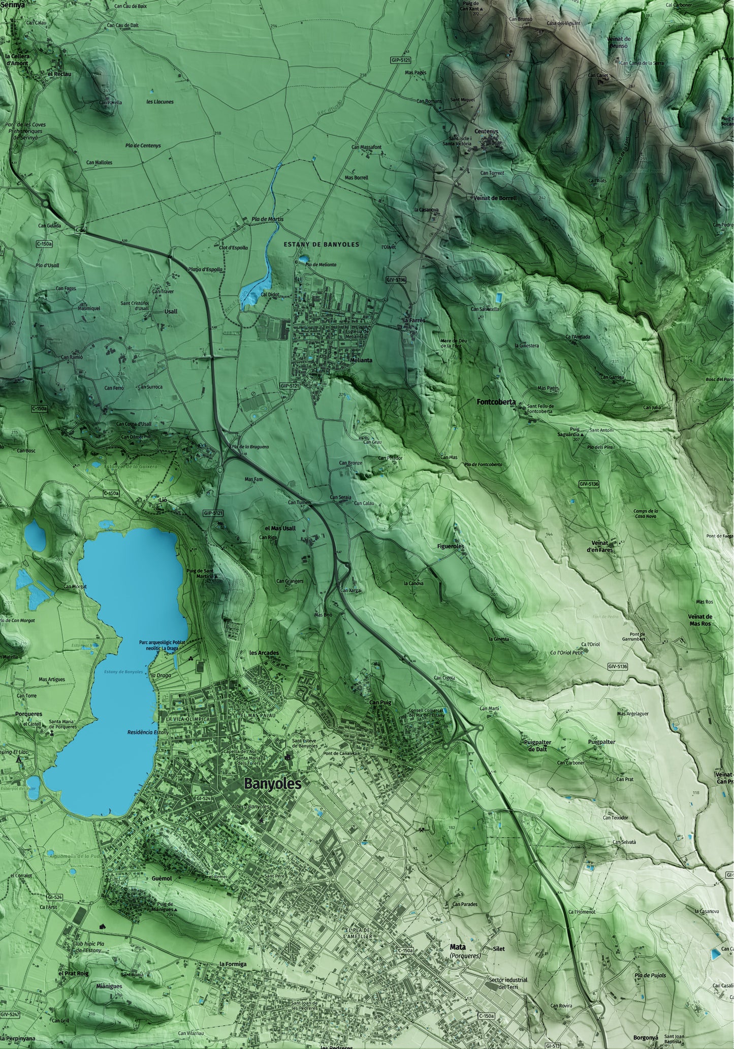 Mapa artístico del relieve de Serinyà, en el Pla de l'Estany, con 15 km de entorno y base topográfica ICGC. Detalle de la zona inferior derecha.
