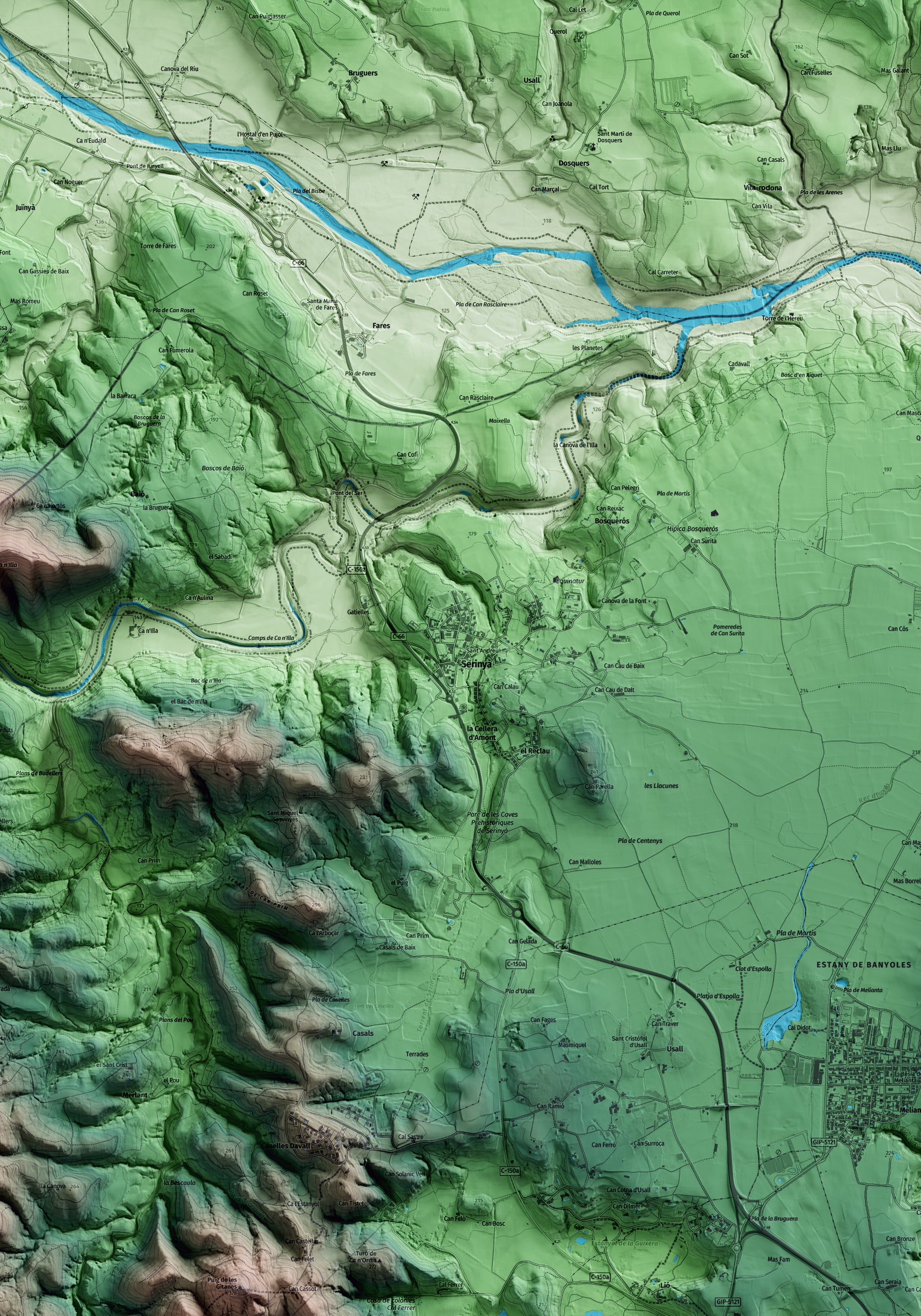 Mapa artístico del relieve de Serinyà, en el Pla de l'Estany, con 15 km de entorno y base topográfica ICGC. Detalle de la zona central.