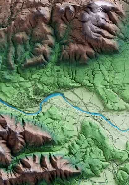 Mapa artístico del relieve de Serinyà, en el Pla de l'Estany, con 15 km de entorno y base topográfica ICGC. Detalle de la zona superior izquierda.