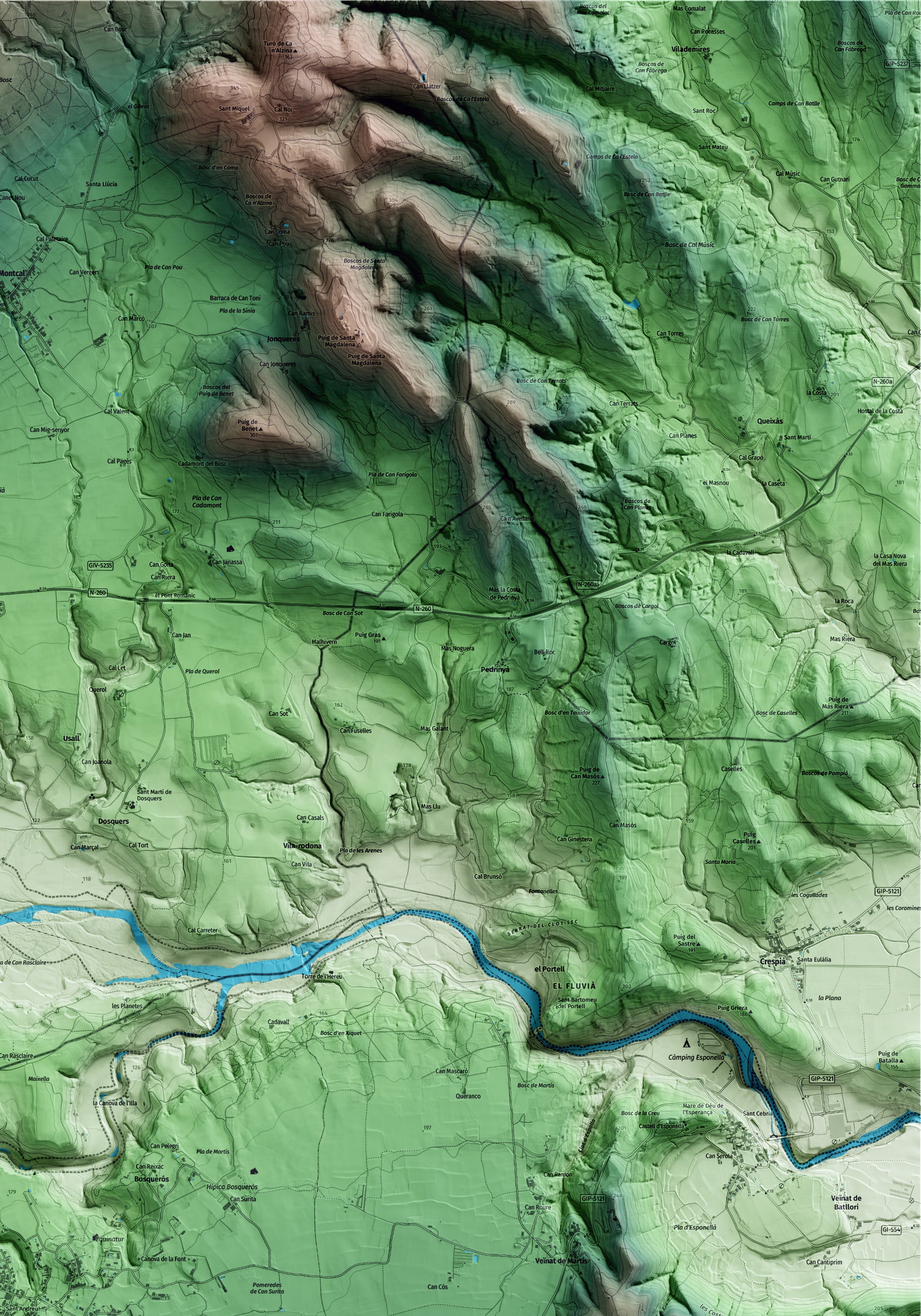 Mapa artístico del relieve de Serinyà, en el Pla de l'Estany, con 15 km de entorno y base topográfica ICGC. Detalle de la zona superior derecha.