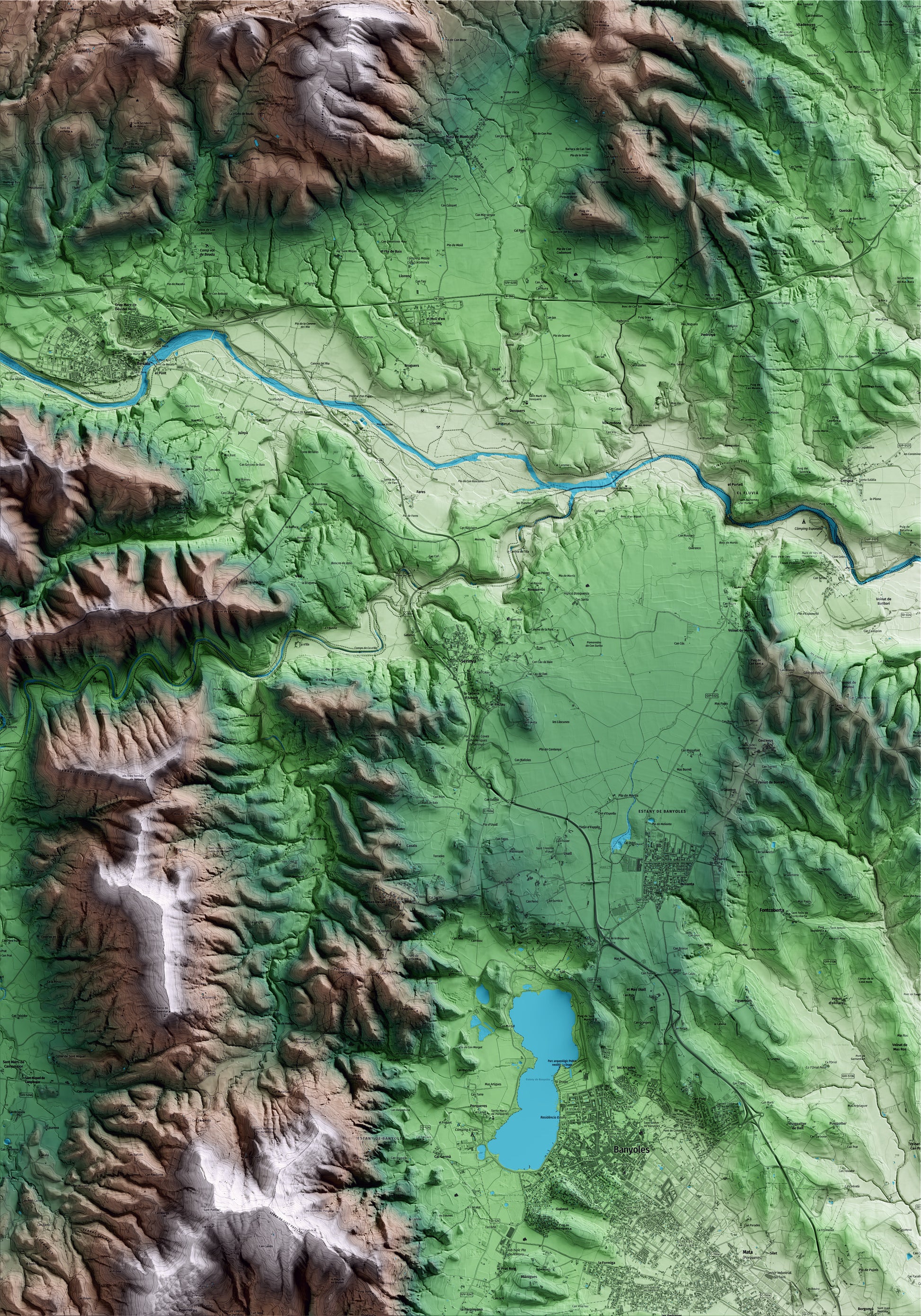 Mapa artístico del relieve de Serinyà, en el Pla de l'Estany, con 15 km de entorno y base topográfica ICGC