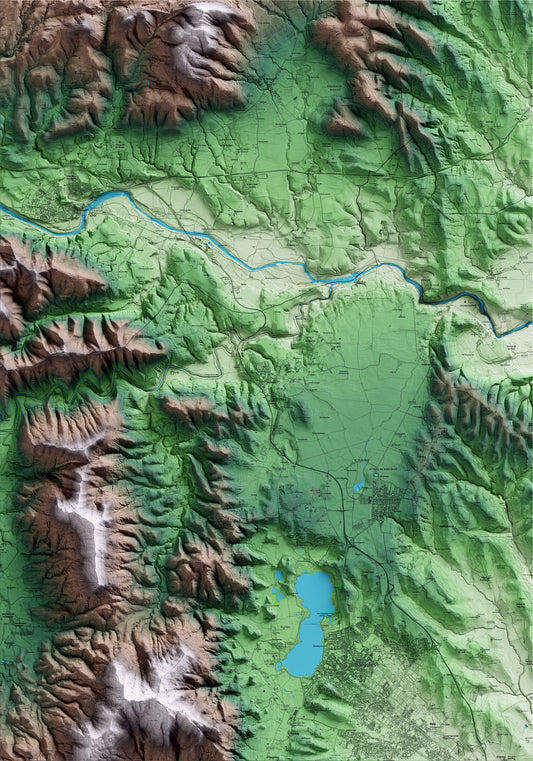 Mapa artístico del relieve de Serinyà, en el Pla de l'Estany, con 15 km de entorno y base topográfica ICGC