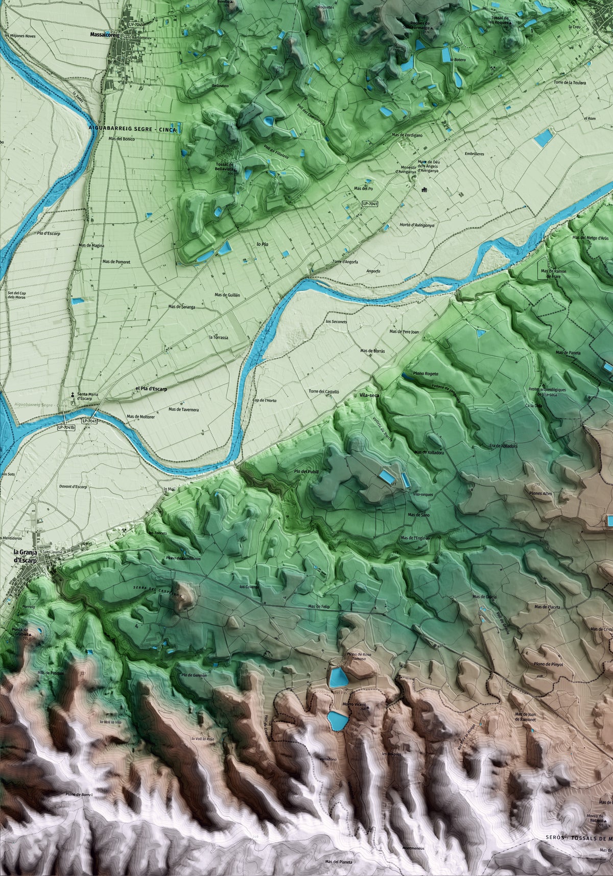 Mapa artístico del relieve de Seròs, al Segrià, con 15 km de entorno y base topográfica ICGC. Detalle de la zona inferior izquierda.