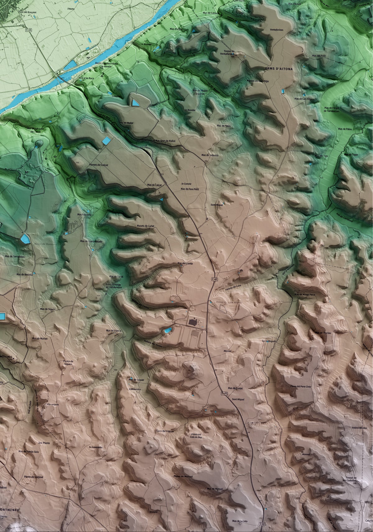 Mapa artístico del relieve de Seròs, al Segrià, con 15 km de entorno y base topográfica ICGC. Detalle de la zona inferior derecha.