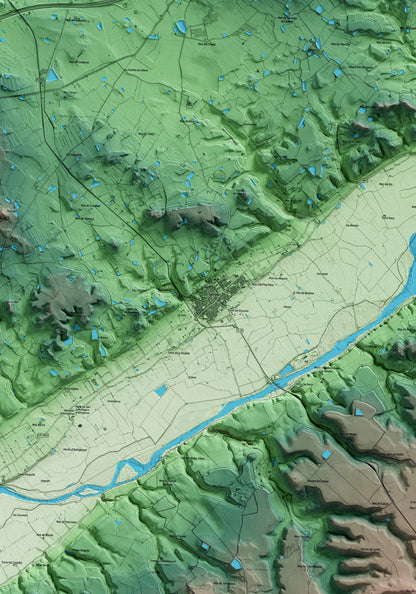 Mapa artístico del relieve de Seròs, al Segrià, con 15 km de entorno y base topográfica ICGC. Detalle de la zona central.