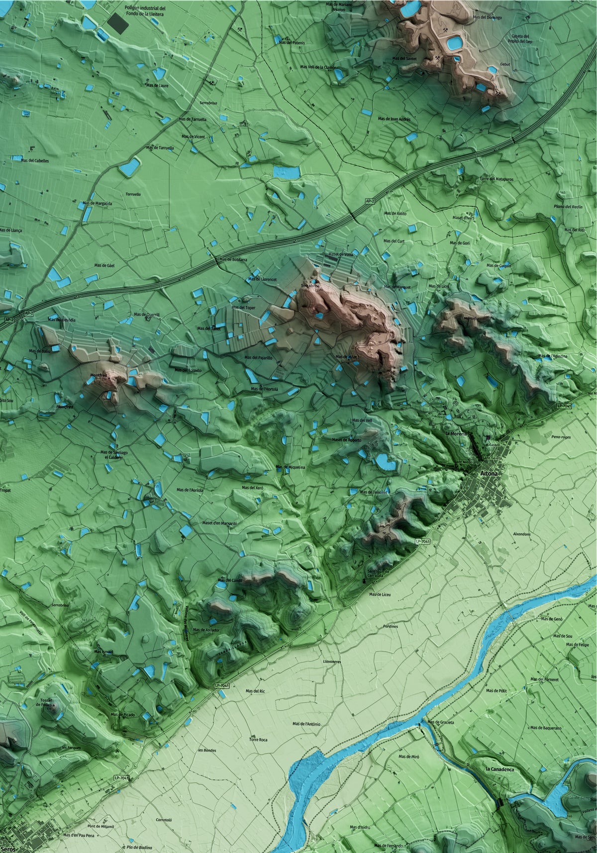 Mapa artístico del relieve de Seròs, al Segrià, con 15 km de entorno y base topográfica ICGC. Detalle de la zona superior derecha.