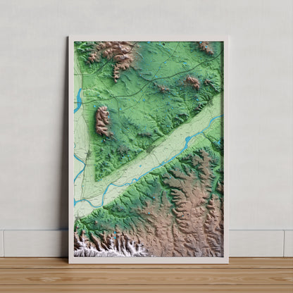 Mapa artístico del relieve de Seròs, al Segrià, con 15 km de entorno y base topográfica ICGC. Presentación enmarcada.