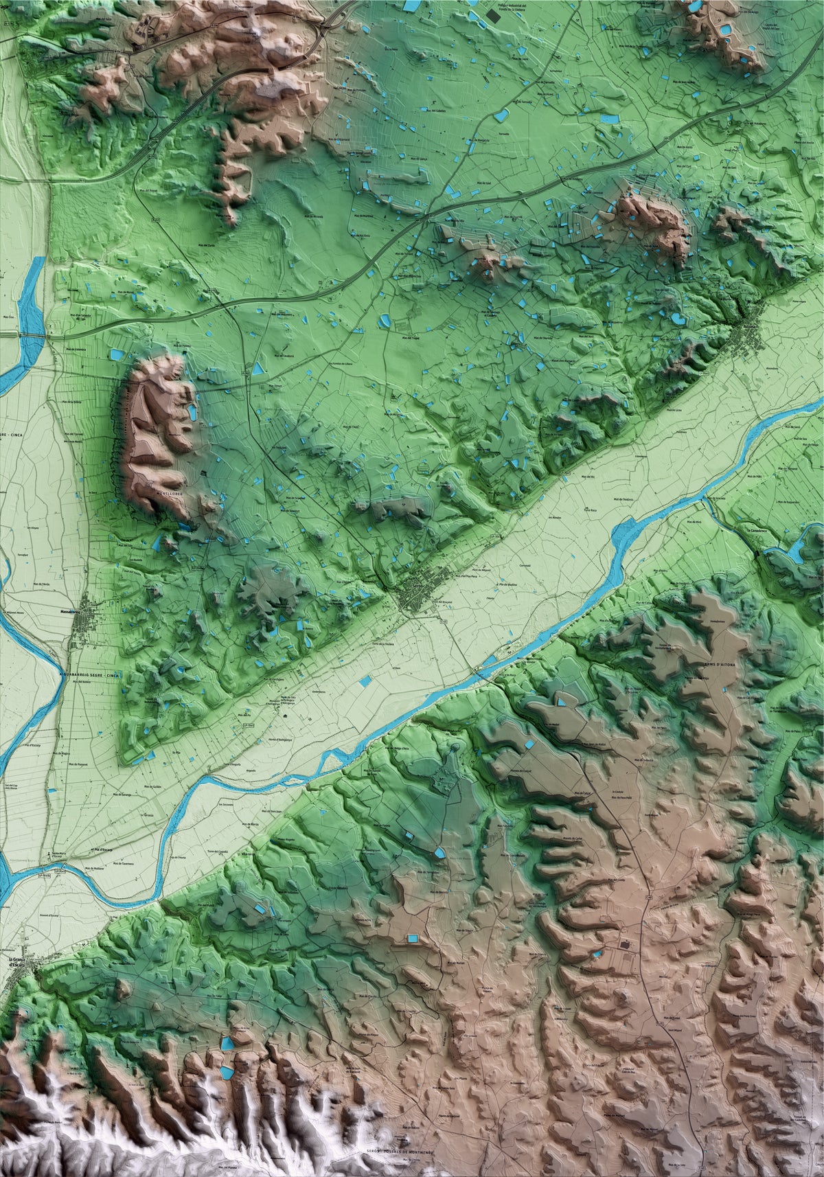 Mapa artístico del relieve de Seròs, al Segrià, con 15 km de entorno y base topográfica ICGC