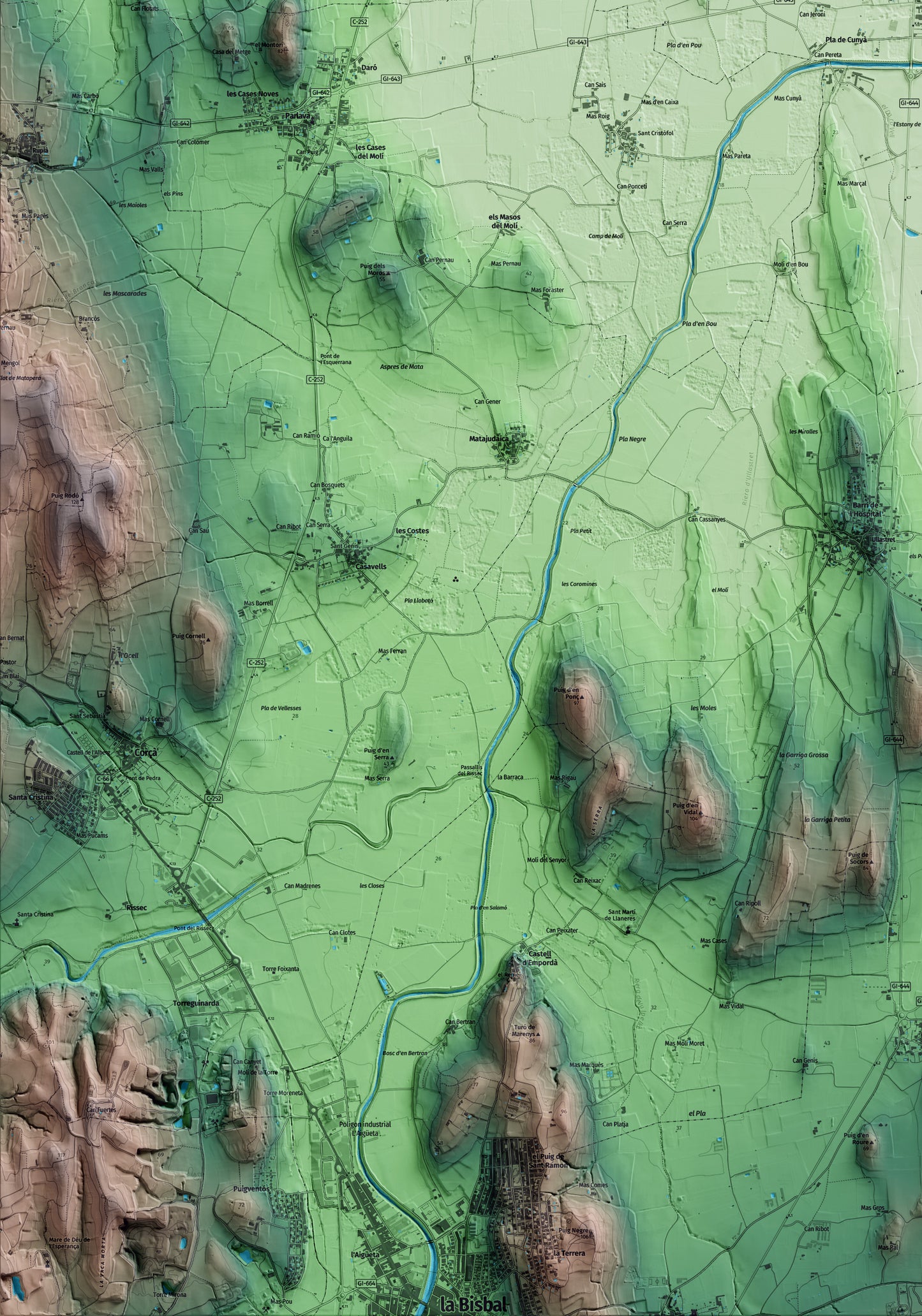 Mapa artístico del relieve de Serra de Daró, al Baix Empordà, con 15 km de entorno y base topográfica ICGC. Detalle de la zona inferior izquierda.