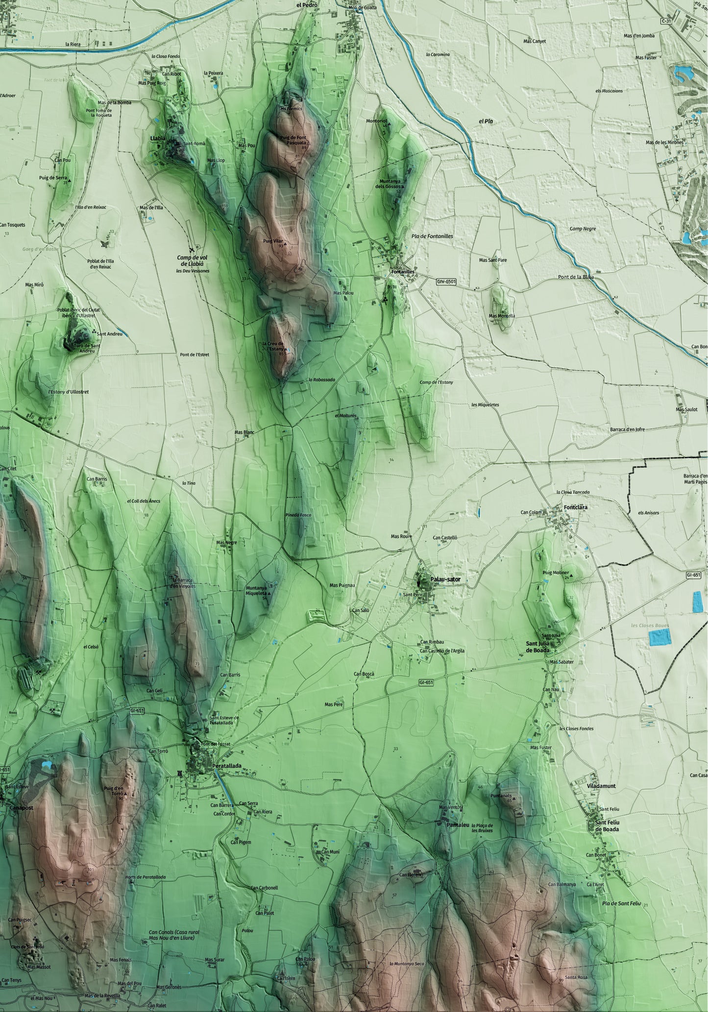 Mapa artístico del relieve de Serra de Daró, al Baix Empordà, con 15 km de entorno y base topográfica ICGC. Detalle de la zona inferior derecha.