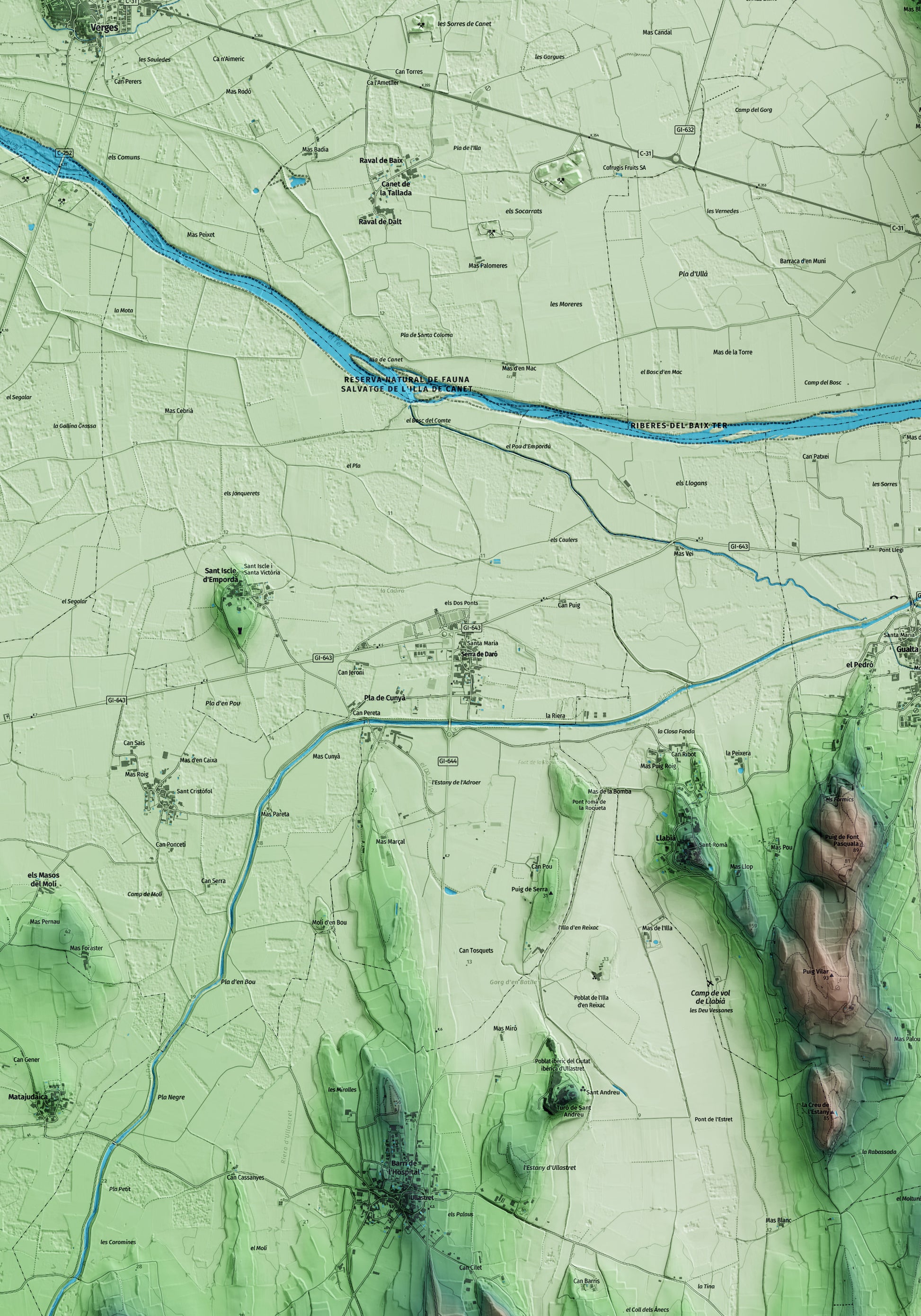Mapa artístico del relieve de Serra de Daró, al Baix Empordà, con 15 km de entorno y base topográfica ICGC. Detalle de la zona central.