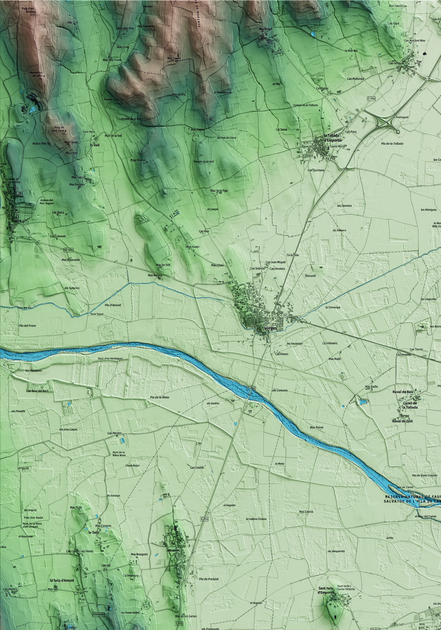 Mapa artístico del relieve de Serra de Daró, al Baix Empordà, con 15 km de entorno y base topográfica ICGC. Detalle de la zona superior izquierda.