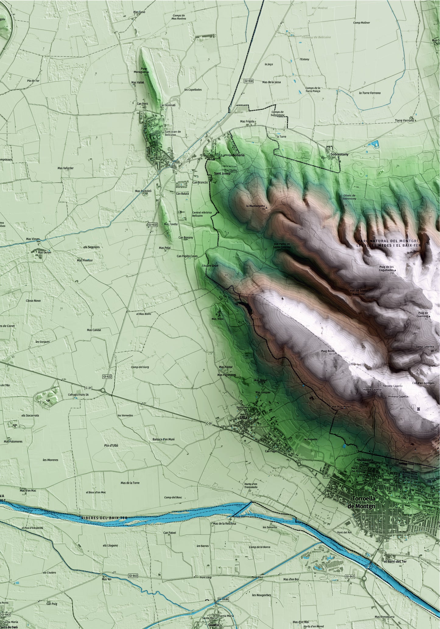 Mapa artístico del relieve de Serra de Daró, al Baix Empordà, con 15 km de entorno y base topográfica ICGC. Detalle de la zona superior derecha.